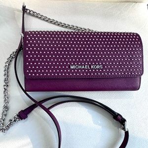 Michael Kors Jet Set Micro Stud Saffiano Convertible Chain Wallet Plum NEW